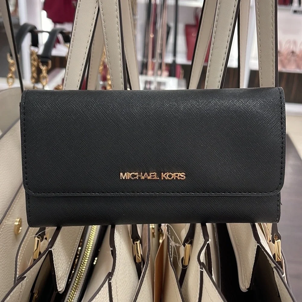 MICHAEL KORS JET SET TRAVEL LARGE TRIFOLD WALLET BLACK COLOR